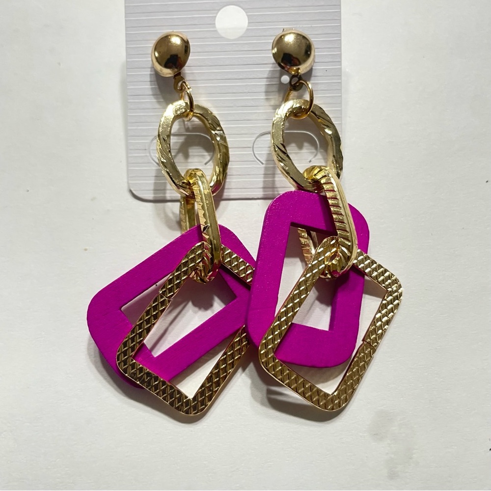 Multi-Shape Colorful Wooden with Gold-Tone Dangle Earrings, Push Back Closure - Picture 6 of 13